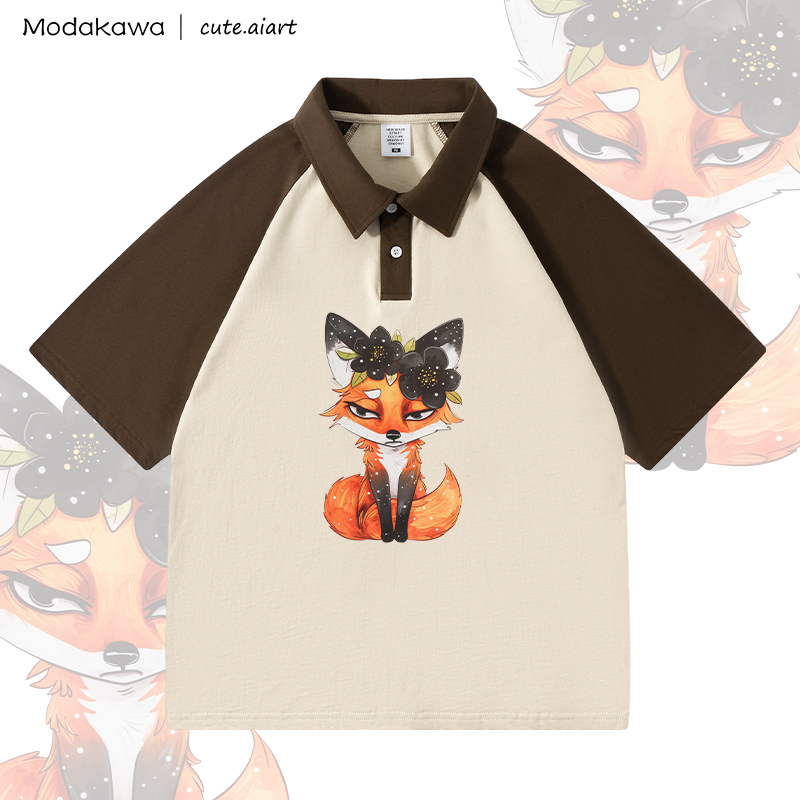 MODAKAWA X cute.aiart Floral Fox Graphic 100% Cotton POLO T-Shirt - Brown & Apricot - 4XL - image 1