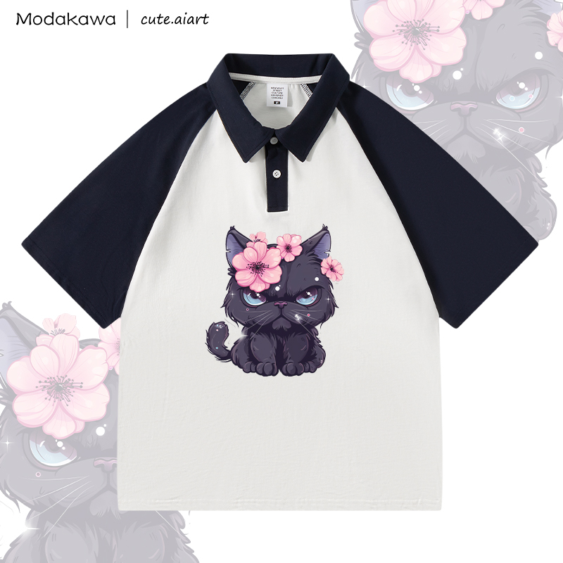 MODAKAWA X cute.aiart Floral Cat Graphic 100% Cotton POLO T-Shirt - White & Purplish Blue - 4XL - image 1