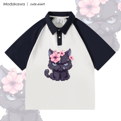 MODAKAWA X cute.aiart Floral Cat Graphic 100% Cotton POLO T-Shirt - White & Purplish Blue - 4XL - image 1