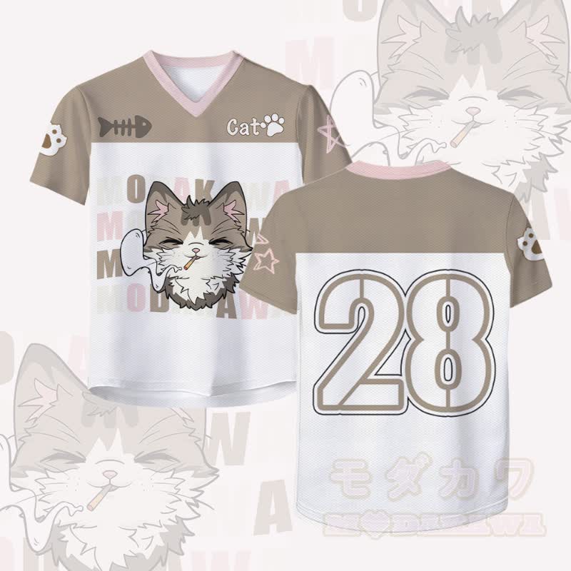 Smoking Cat Number Graphic Modakawa Vintage Mesh Jersey T-Shirt - Weiß & Braun - 4XL - image 2