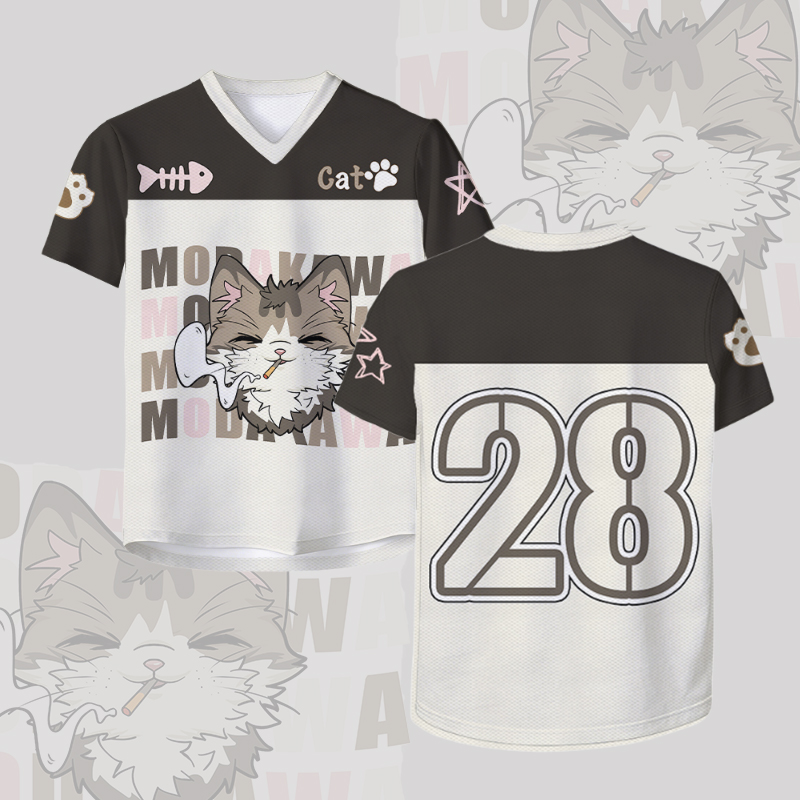 Smoking Cat Number Graphic Modakawa Vintage Mesh Jersey T-Shirt - White & Black - 4XL - image 1