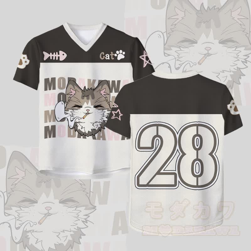Smoking Cat Number Graphic Modakawa Vintage Mesh Jersey T-Shirt - Weiß & Schwarz - 4XL - image 1