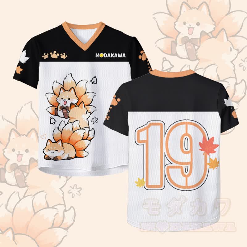 Modakawa Vintage Mesh Jersey T-Shirt mit neunschwänzigem Fuchs-Nummerngrafik - Weiß & Schwarz - 4XL - image 2