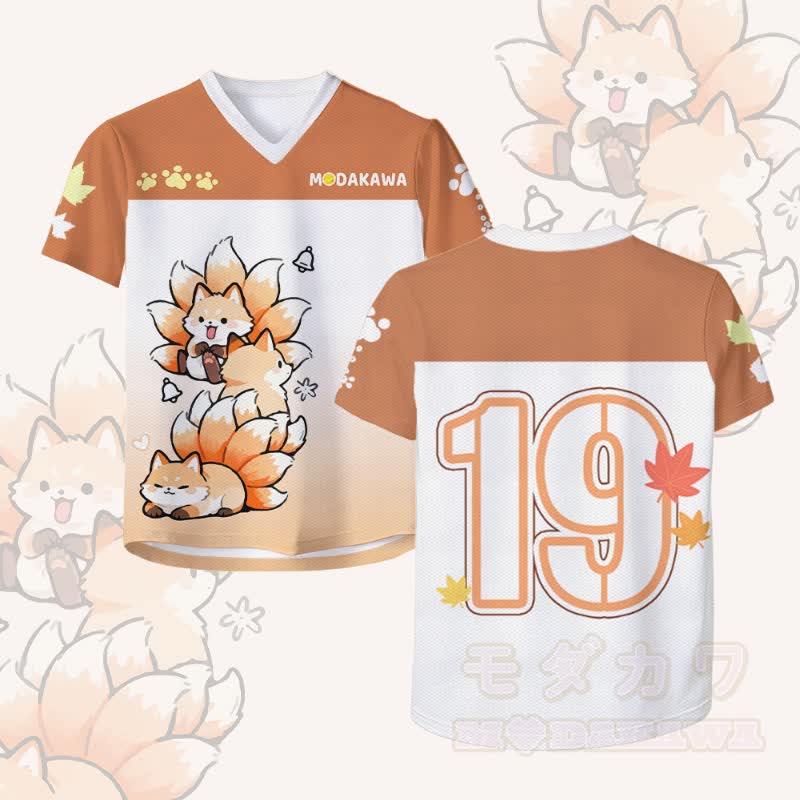 Modakawa Vintage Mesh Jersey T-Shirt mit neunschwänzigem Fuchs-Nummerngrafik - Weiß & Orange - 4XL - image 1