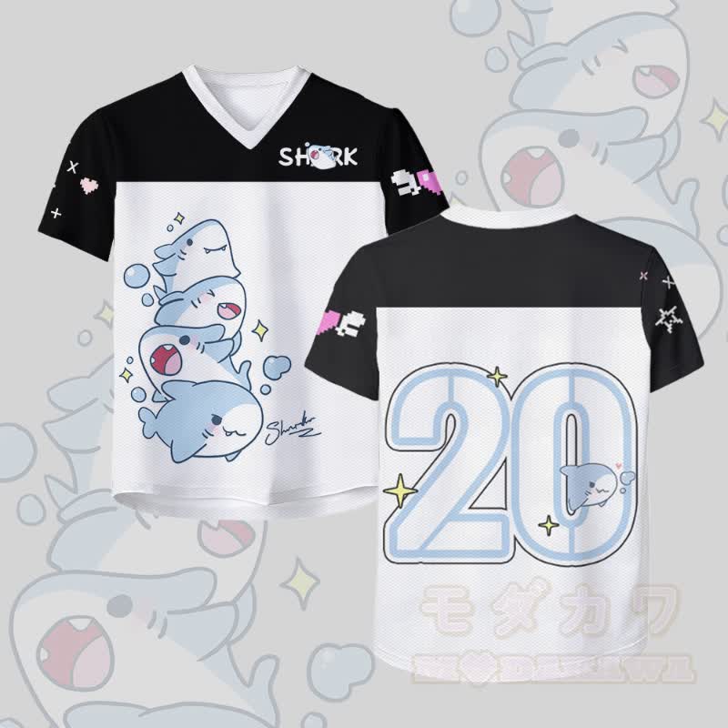 Modakawa Vintage Mesh Jersey T-Shirt mit Hai-Nummer-Grafik - Weiß & Schwarz - 4XL - image 2