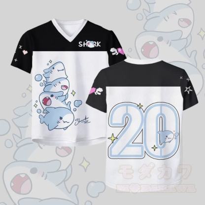 Modakawa Vintage Mesh Jersey T-Shirt mit Hai-Nummer-Grafik - Weiß & Schwarz - 4XL - image 2