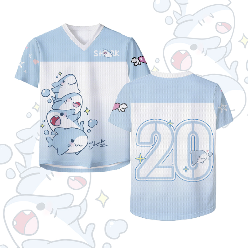 Modakawa Vintage Mesh Jersey T-Shirt mit Hai-Nummer-Grafik - White & Blue - 4XL - image 1