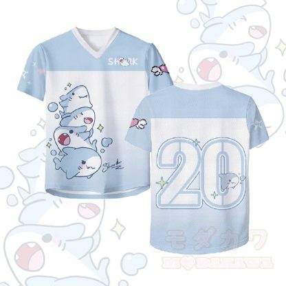 Modakawa Vintage Mesh Jersey T-Shirt mit Hai-Nummer-Grafik - Weiß & Blau - 4XL - image 1