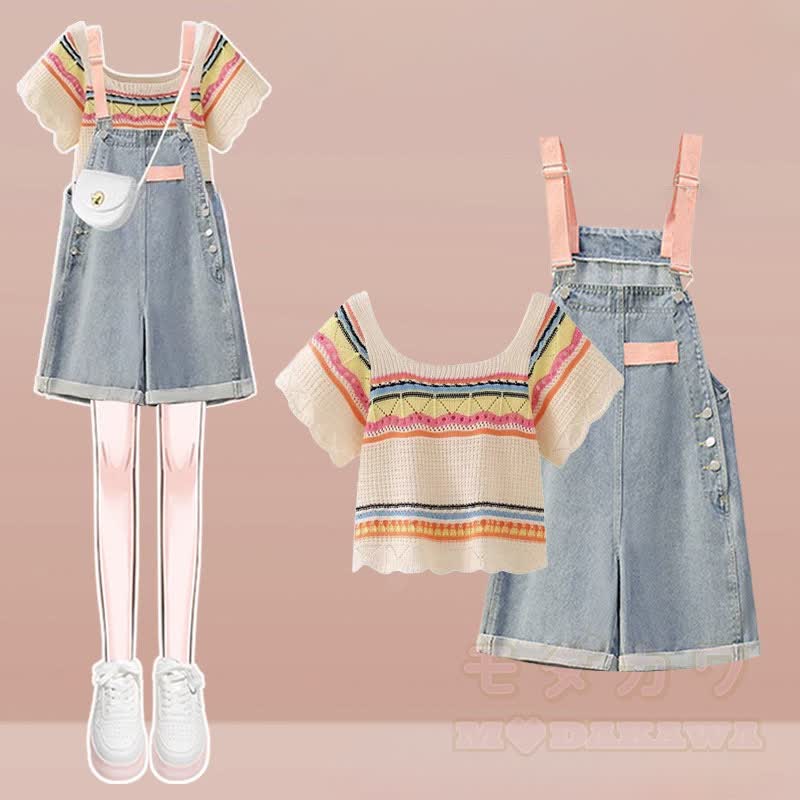 Gestreiftes Strickoberteil, Jeans-Latzhose, passendes Outfit - Satz - 3XL - image 1