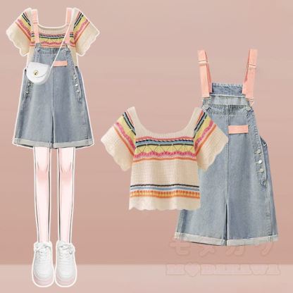 Gestreiftes Strickoberteil, Jeans-Latzhose, passendes Outfit - Satz - 3XL - image 1