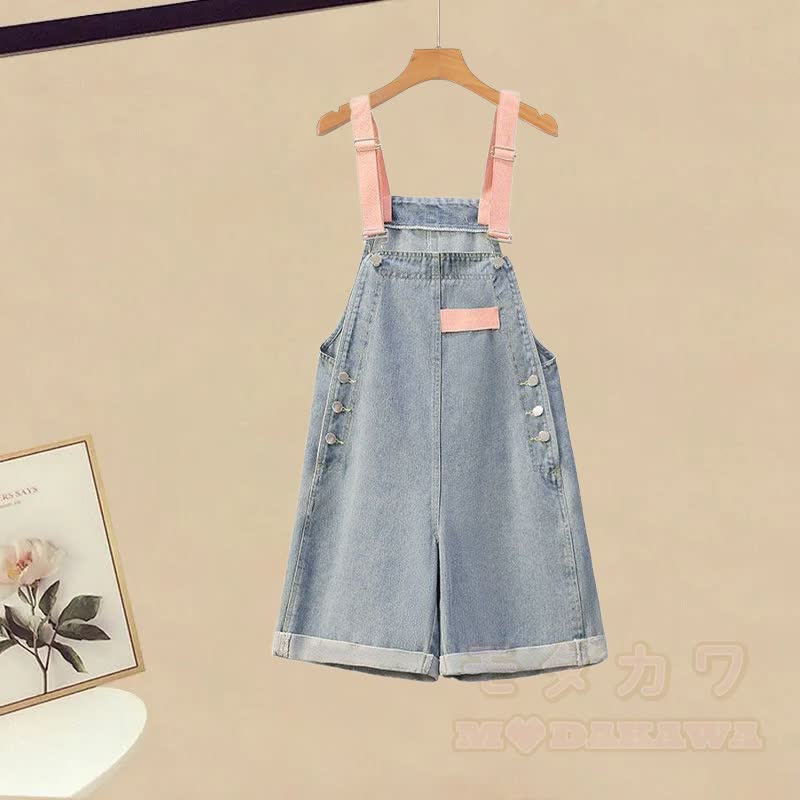 Gestreiftes Strickoberteil, Jeans-Latzhose, passendes Outfit - Overall-Shorts (Einzeln) - 3XL - image 3