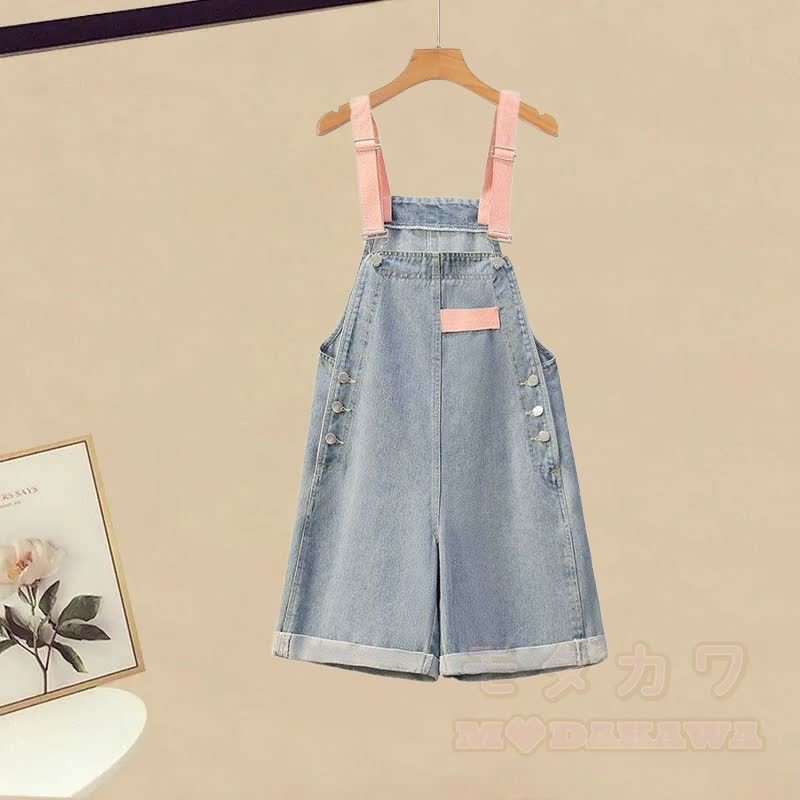 Gestreiftes Strickoberteil, Jeans-Latzhose, passendes Outfit - Overall-Shorts (Einzeln) - 3XL - image 3