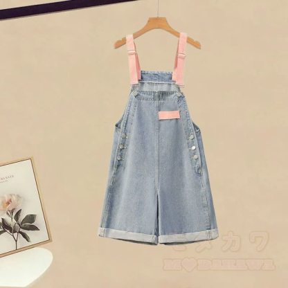 Gestreiftes Strickoberteil, Jeans-Latzhose, passendes Outfit - Overall-Shorts (Einzeln) - 3XL - image 3