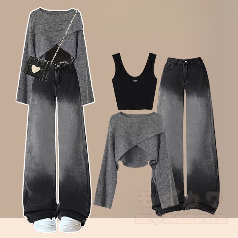 Crop-Top, Strickpullover, Jeans mit Farbverlauf – passendes Outfit - Satz - 3XL - image 1