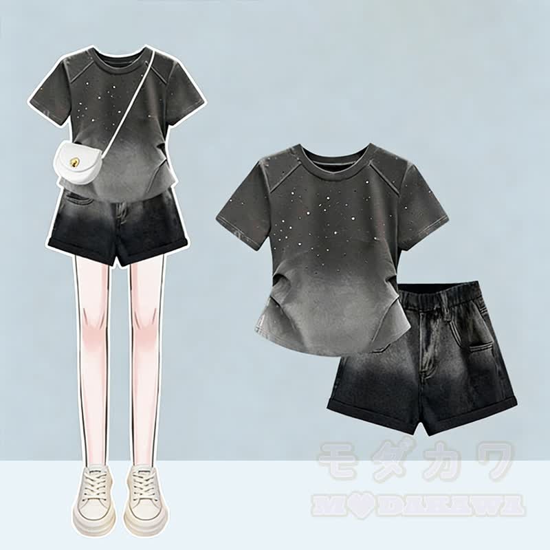 Farbverlauf-T-Shirt, Jeansshorts, passendes Outfit - Satz C - 3XL - image 3