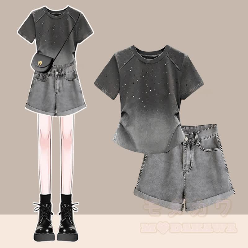 Farbverlauf-T-Shirt, Jeansshorts, passendes Outfit - Satz B - 3XL - image 2