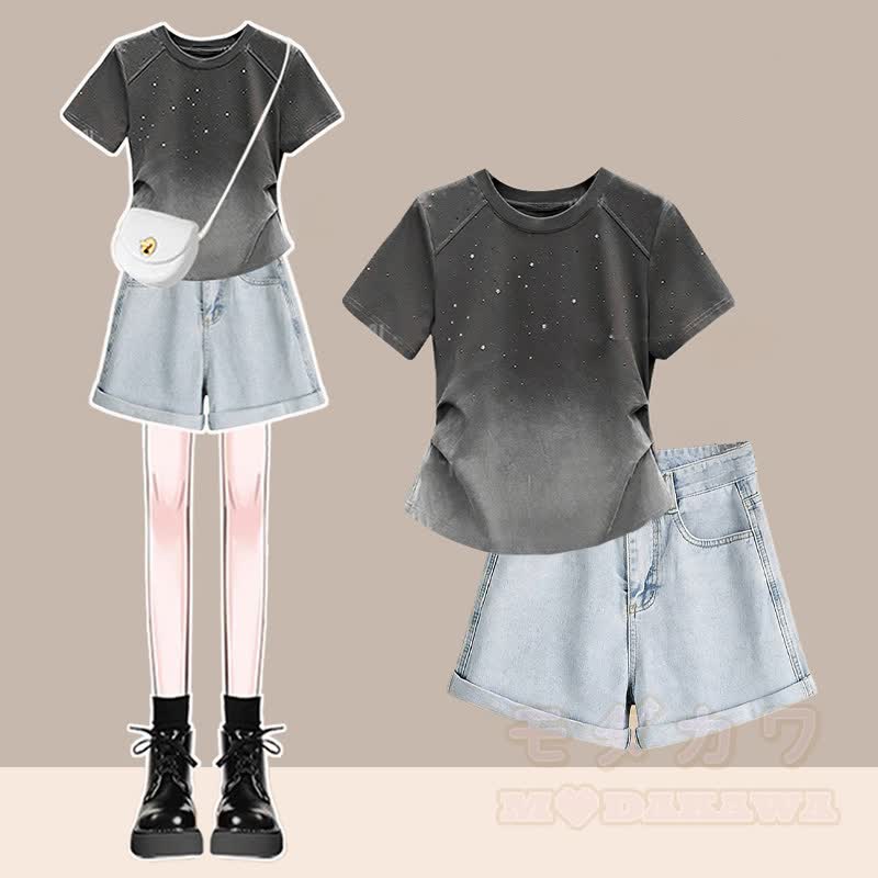 Farbverlauf-T-Shirt, Jeansshorts, passendes Outfit - Satz A - 3XL - image 1