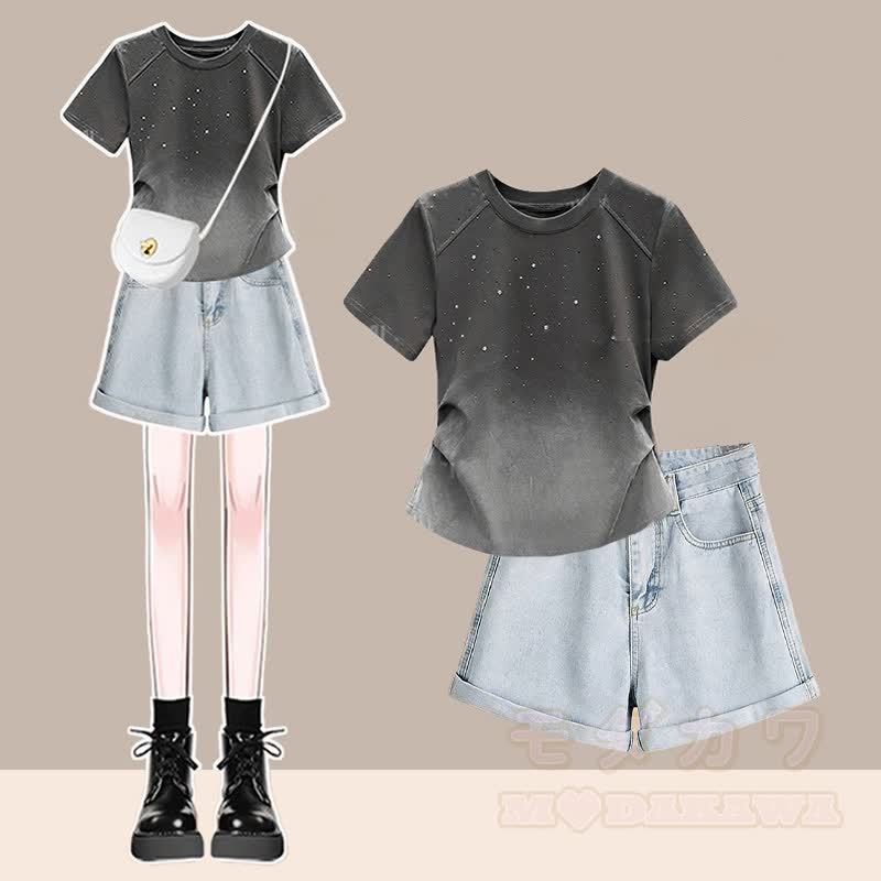 Farbverlauf-T-Shirt, Jeansshorts, passendes Outfit - Satz A - 3XL - image 1