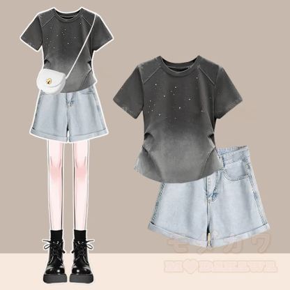 Farbverlauf-T-Shirt, Jeansshorts, passendes Outfit - Satz A - 3XL - image 1