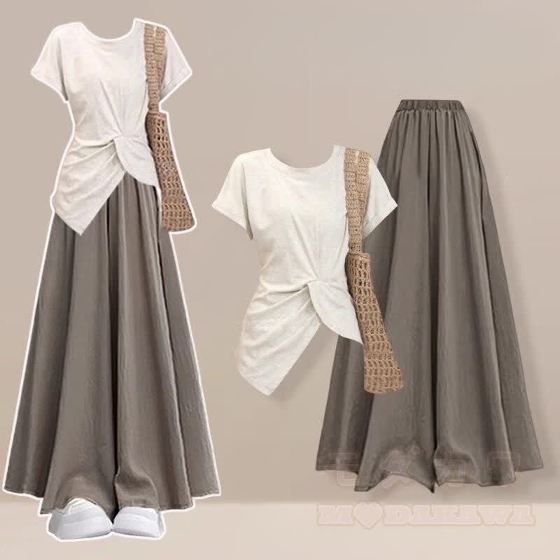 Unregelmäßiges T-Shirt, weit geschnittener Hosenrock, passendes Outfit - Satz A - 2XL - image 1