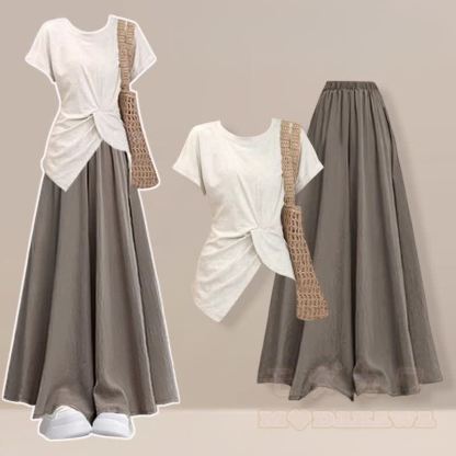 Unregelmäßiges T-Shirt, weit geschnittener Hosenrock, passendes Outfit - Satz A - 2XL - image 1