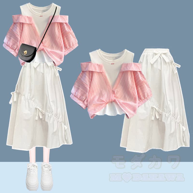 Unregelmäßiges Oberteil mit Schleife, passender Rock, Outfit - Satz B - XL - image 2