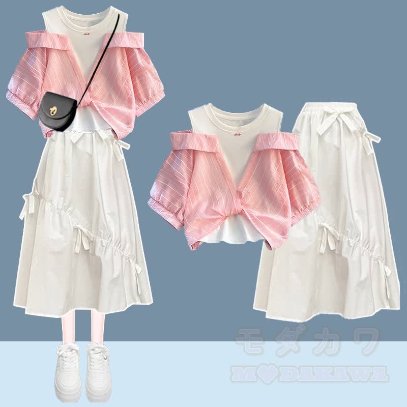Unregelmäßiges Oberteil mit Schleife, passender Rock, Outfit - Satz B - XL - image 2