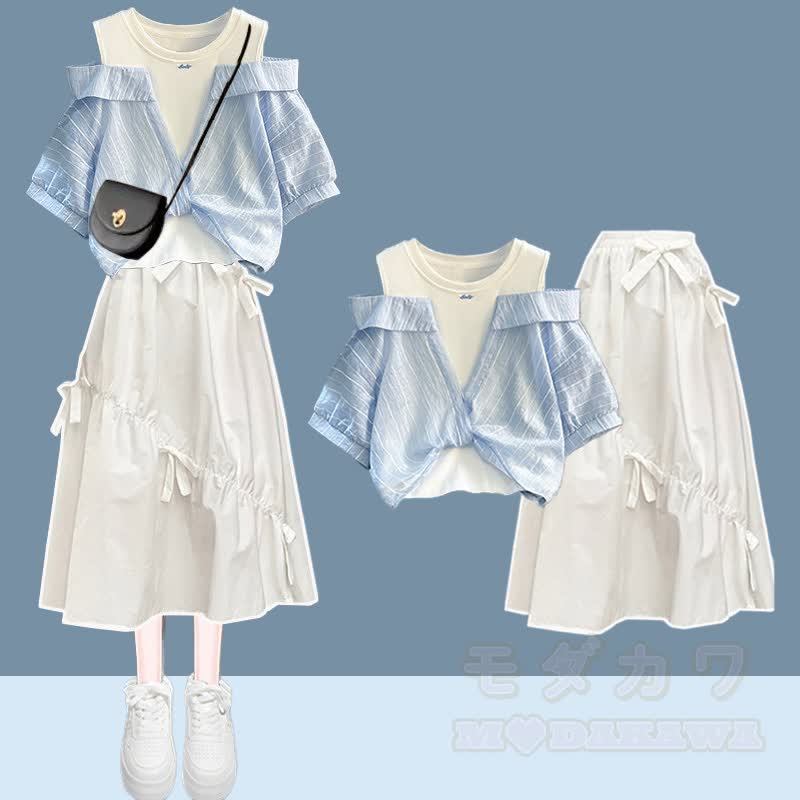 Unregelmäßiges Oberteil mit Schleife, passender Rock, Outfit - Satz A - XL - image 1