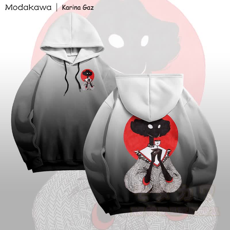 MODAKAWA X Karina Gaz Lady Graphic Gradient Pullover Hoodie - Weiß & Schwarz - 6XL - image 2