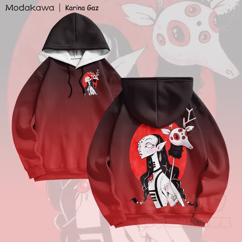 MODAKAWA X Karina Gaz Dark Fantasy Anime Girl Graphic Gradient Pullover Hoodie - Schwarz & Rot - 6XL - image 2