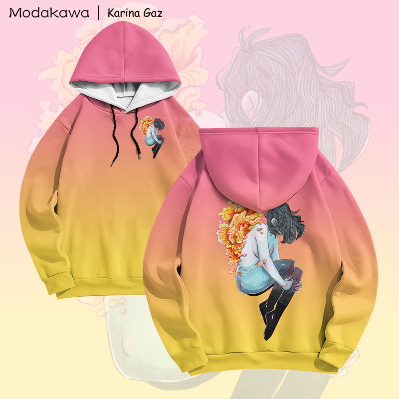 MODAKAWA X Karina Gaz Anime Girl Graphic Gradient Pullover Hoodie - Pink & Yellow - 6XL - image 3