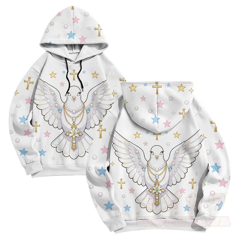 Modakawa Pullover Hoodie mit Engel-Tauben-Kreuz-Grafik - Weiß - 6XL - image 2
