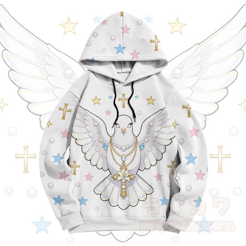 Modakawa Pullover Hoodie mit Engel-Tauben-Kreuz-Grafik - image 1