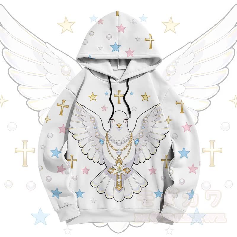 Modakawa Pullover Hoodie mit Engel-Tauben-Kreuz-Grafik - image 1