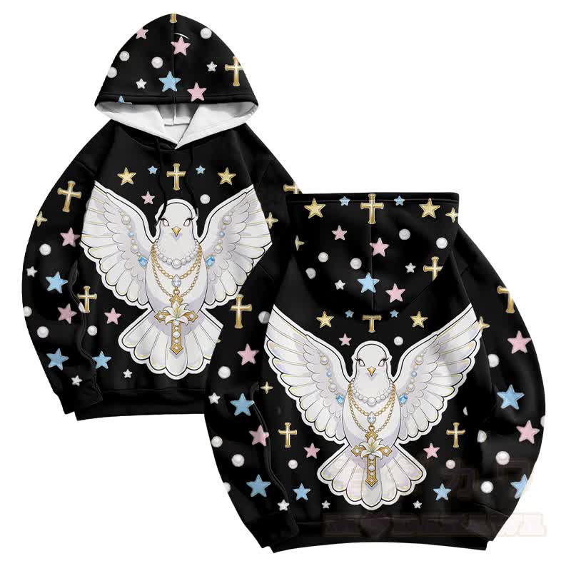 Modakawa Pullover Hoodie mit Engel-Tauben-Kreuz-Grafik - Schwarz - 6XL - image 3