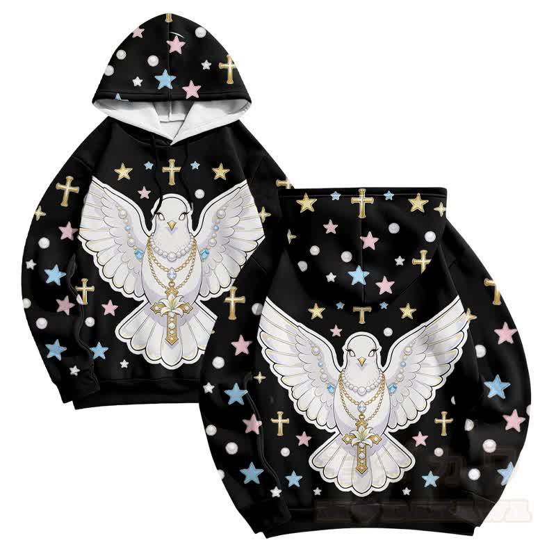 Modakawa Pullover Hoodie mit Engel-Tauben-Kreuz-Grafik - Schwarz - 6XL - image 3