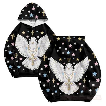 Modakawa Pullover Hoodie mit Engel-Tauben-Kreuz-Grafik - Schwarz - 6XL - image 3