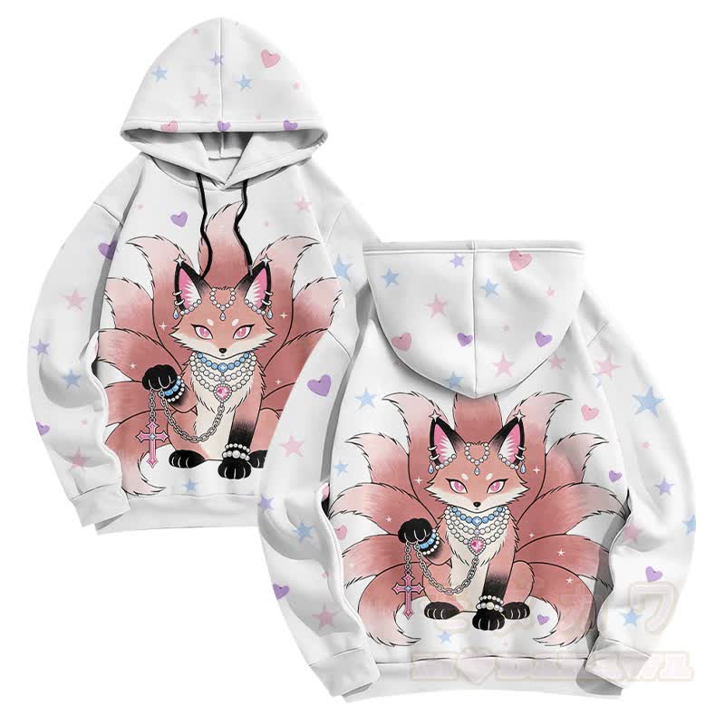 Modakawa Pullover Hoodie mit Grafik eines neunschwänzigen Fuchses - Weiß - 6XL - image 2
