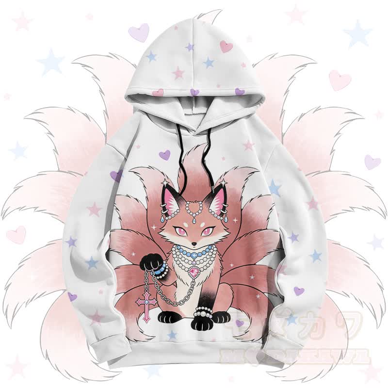 Modakawa Pullover Hoodie mit Grafik eines neunschwänzigen Fuchses - image 1