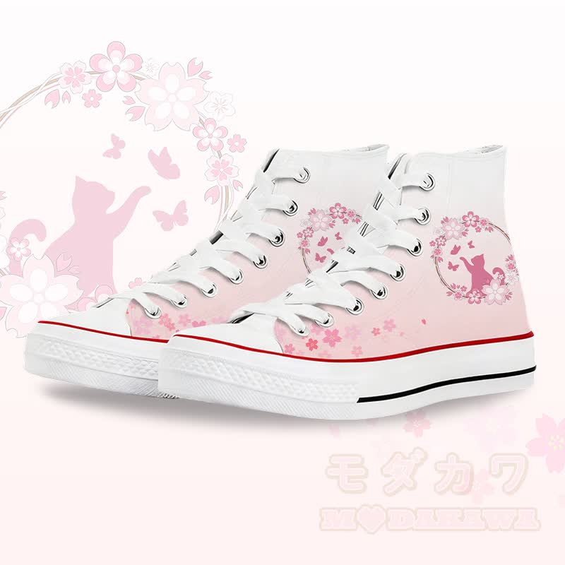 Modakawa Gradient High Top Canvas Schuhe mit Blumen- und Katzenmotiv - Weiß B - 45 - image 2