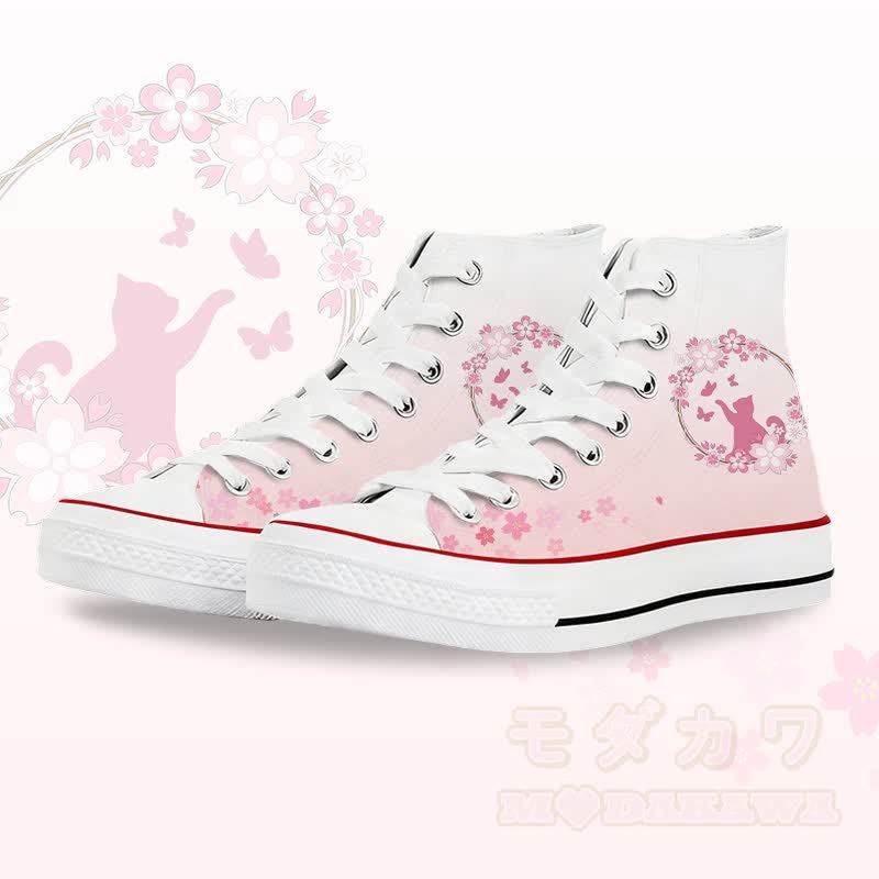 Modakawa Gradient High Top Canvas Schuhe mit Blumen- und Katzenmotiv - Weiß B - 45 - image 2