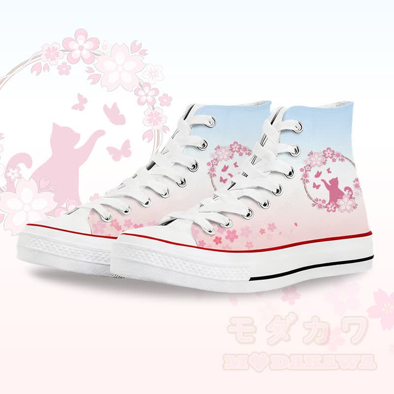 Modakawa Gradient High Top Canvas Schuhe mit Blumen- und Katzenmotiv - Weiß A - 45 - image 1