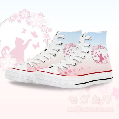 Modakawa Gradient High Top Canvas Schuhe mit Blumen- und Katzenmotiv - Weiß A - 45 - image 1
