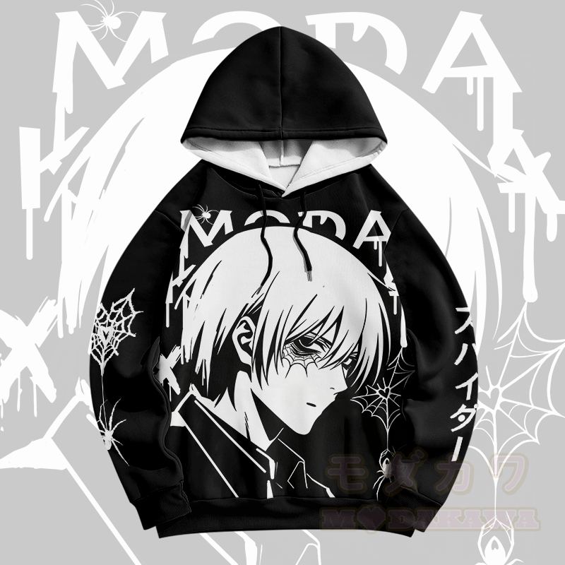 Modakawa Pullover Hoodie mit Anime-Jungen-Spinnennetz-Grafik - image 2
