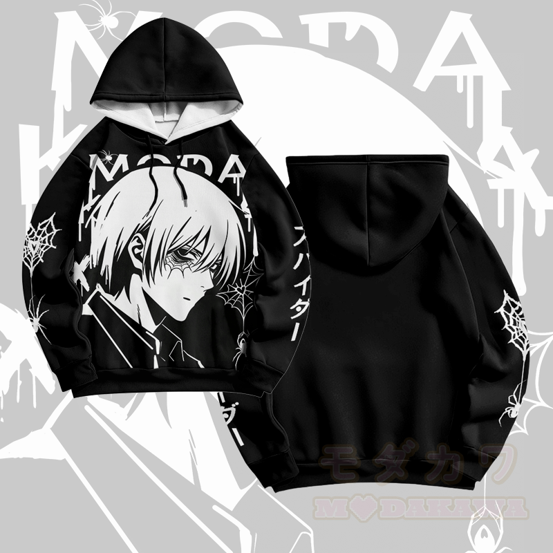 Modakawa Pullover Hoodie mit Anime-Jungen-Spinnennetz-Grafik - Schwarz - 6XL - image 1