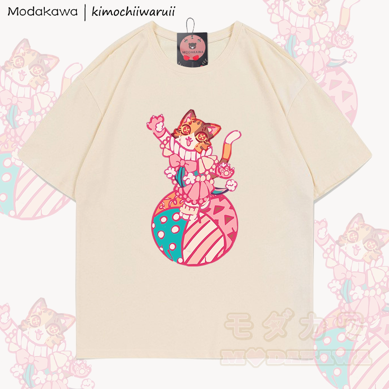 MODAKAWA X kimochiiwaruii Circus Cat Graphic 100% Cotton T-Shirt - Aprikose - 5XL - image 2