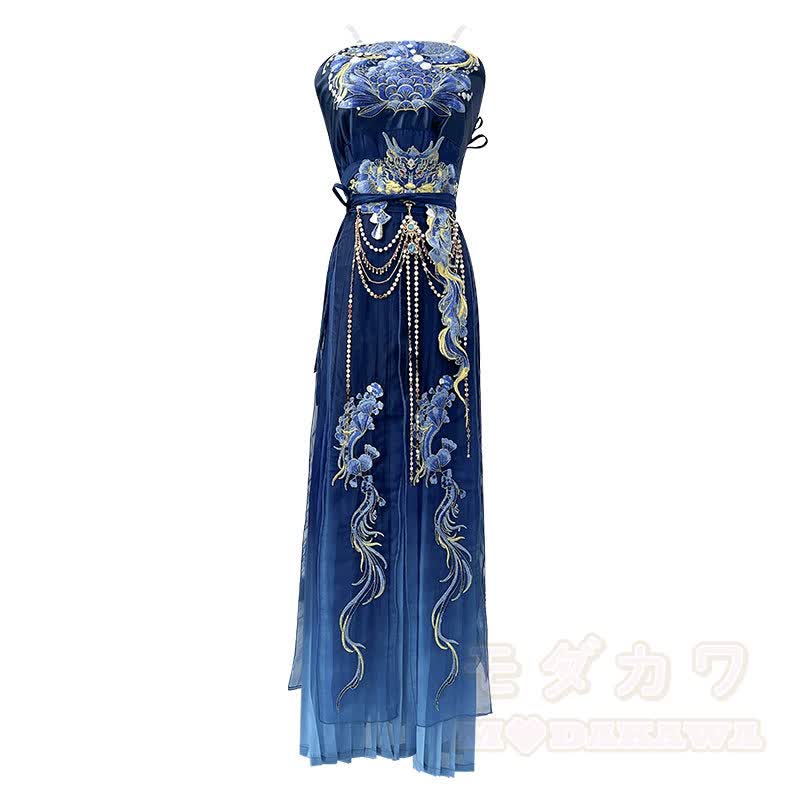 Vintage-Kleid mit transparentem Oberteil und Stickerei, fließendem Schal und passender Taillenkette - Trägertop + Rock + Taillenformer + Taillenkette - XL - image 2