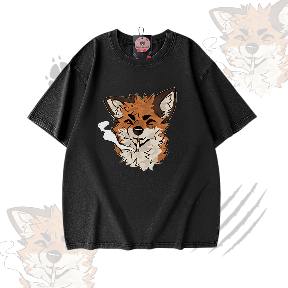 MODAKAWA X atka Smoking Fox Graphic Vintage Washed 100% Cotton T-Shirt Denim Pants Matching Outfit - Black T-shirt - 2XL - image 4