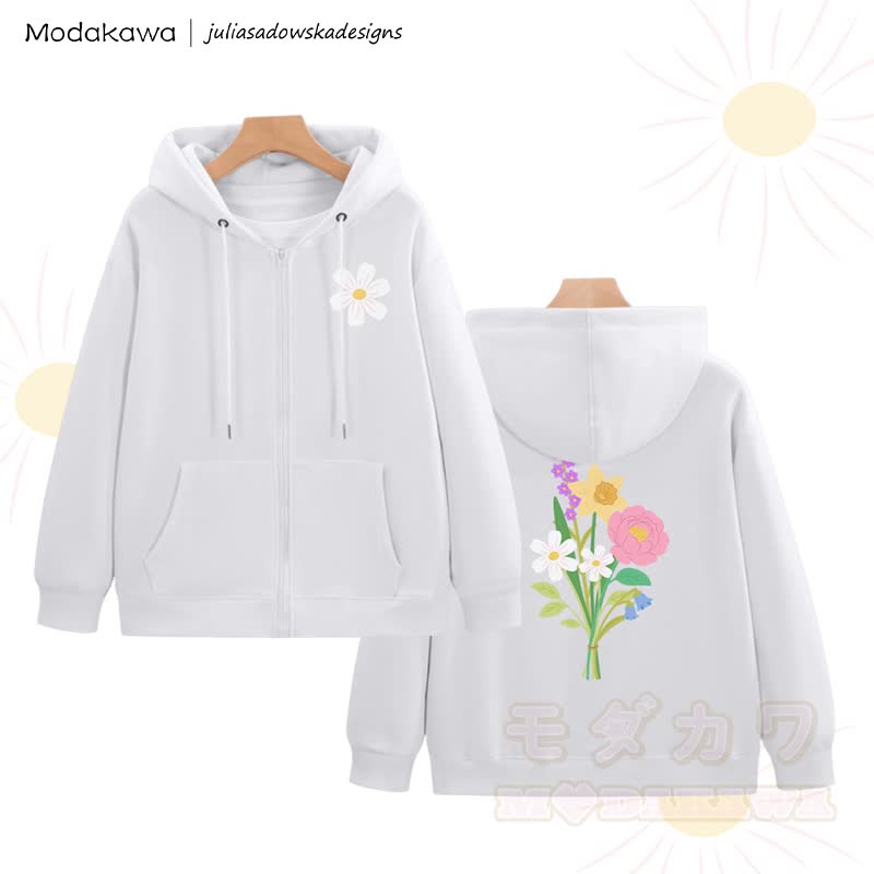 MODAKAWA X juliasadowskadesigns Kapuzenpullover mit floralem Grafikprint und Reißverschluss - Weiß - 5XL - image 2