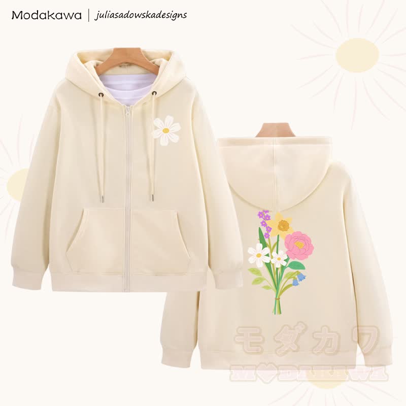MODAKAWA X juliasadowskadesigns Kapuzenpullover mit floralem Grafikprint und Reißverschluss - Aprikose - 5XL - image 1
